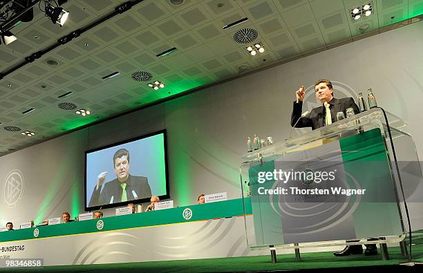 New head of German referee Herbert Fandel speaks during the German Football Association Bundestag at the Steigenberger Airport Hotel on April 9, 2010...