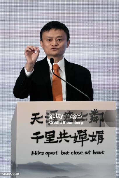 Jack Ma, chairman of Alibaba Group Holding Ltd., gestures as he speaks during a news conference in Hong Kong, China, on Monday, June 25, 2018....