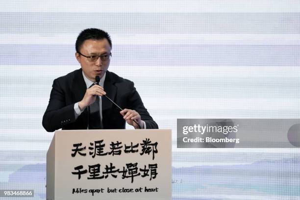 Eric Jing, chief executive officer of Ant Financial, speaks during a news conference in Hong Kong, China, on Monday, June 25, 2018. Billionaire Jack...