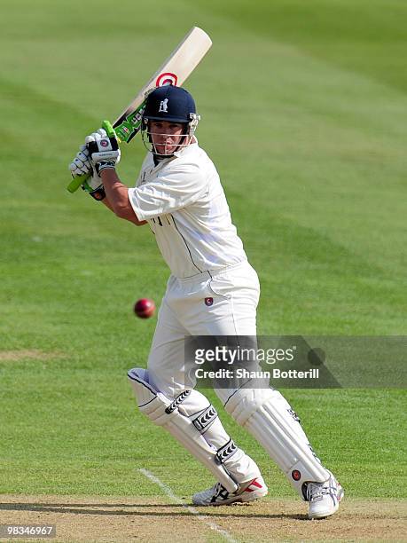 Neil Carter of Warwickshire plays a shot during the LV County Championship match between Warwickshire and Yorkshire at Edgbaston on April 9, 2010 in...