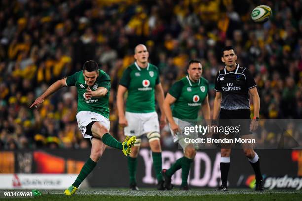 Sydney , Australia - 23 June 2018; Jonathan Sexton of Ireland kicks a penalty during the 2018 Mitsubishi Estate Ireland Series 3rd Test match between...