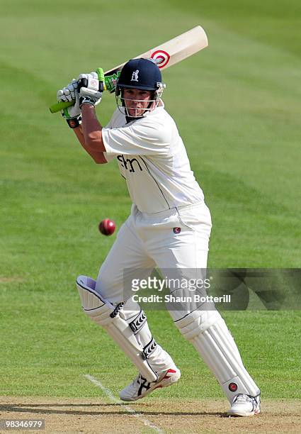 Neil Carter of Warwickshire plays a shot during the LV County Championship match between Warwickshire and Yorkshire at Edgbaston on April 9, 2010 in...