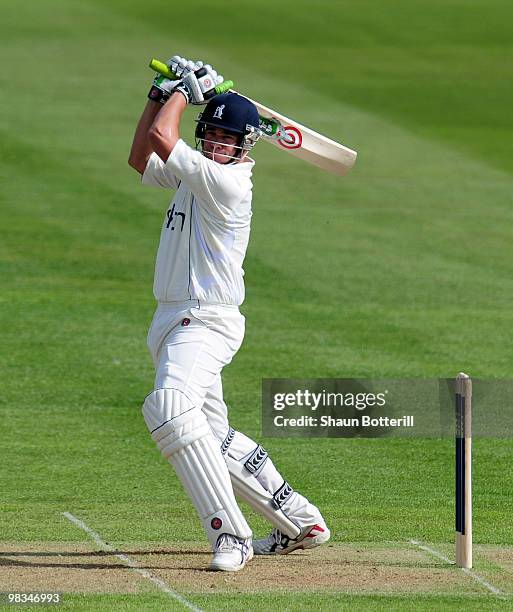 Neil Carter of Warwickshire plays a shot during the LV County Championship match between Warwickshire and Yorkshire at Edgbaston on April 9, 2010 in...