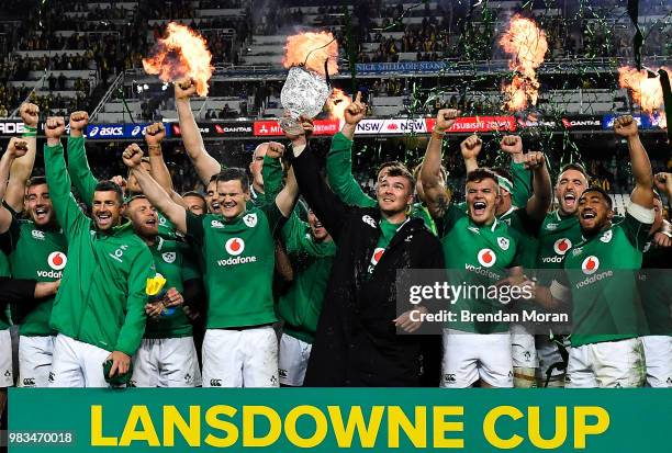 Sydney , Australia - 23 June 2018; The Ireland team celebrate with the Lansdowne Cup after the 2018 Mitsubishi Estate Ireland Series 3rd Test match...