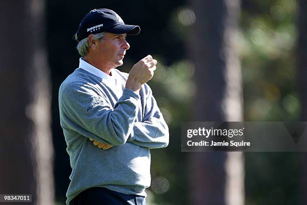 Fred Couples watches a shot on the second hole during the second round of the 2010 Masters Tournament at Augusta National Golf Club on April 9, 2010...