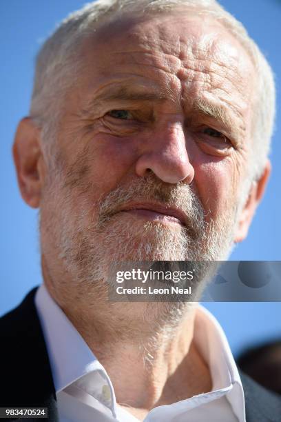 Labour Party leader Jeremy Corbyn is seen during a demonstration calling for the renationalisation of the rail service at Kings Cross Station on June...