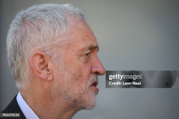 Labour Party leader Jeremy Corbyn is seen during a demonstration calling for the renationalisation of the rail service at Kings Cross Station on June...