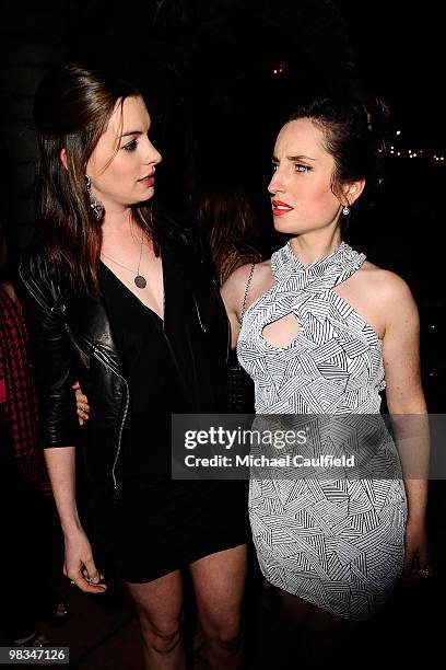 Actresses Anne Hathaway and Zoe Lister Jones attend the "Breaking Upwards" Los Angeles Premiere After Party at the Silent Movie Theatre on April 8,...