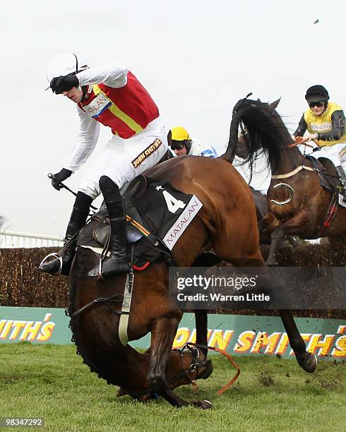 Jason Maguire takes a fall ridding Khachaturian in The matalan.co.uk Mildmay Novices' Steeple Chase at Aintree racecourse on April 9, 2010 in...