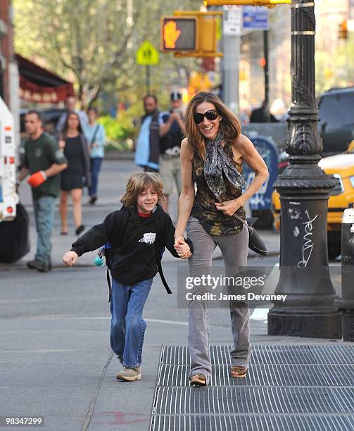 Sarah Jessica Parker and her son James Wilkie Broderick are seen on the streets of Manhattan on April 8, 2010 in New York City.