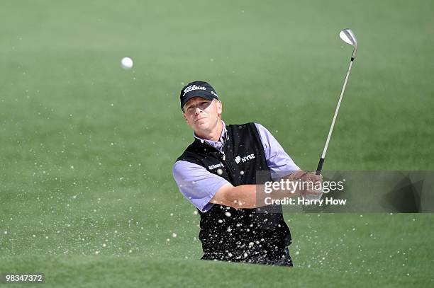 Steve Stricker plays a shot from a bunker on the second hole during the second round of the 2010 Masters Tournament at Augusta National Golf Club on...