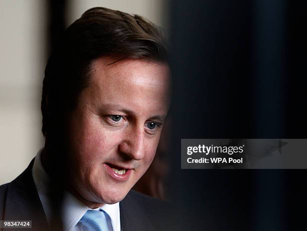 Conservative party leader David Cameron makes an election visit to a timber manufacturer on April 9, 2010 in Aberdeen, Scotland. The General Election...