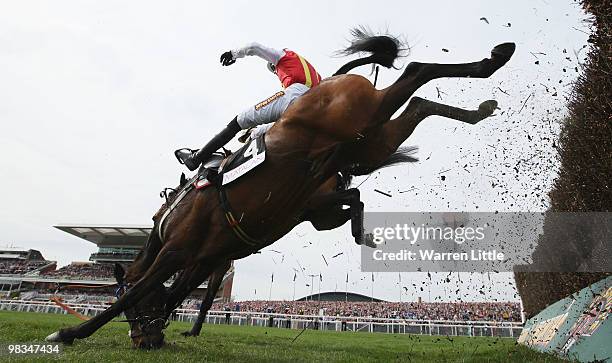 Jason Maguire takes a fall ridding Khachaturian in The matalan.co.uk Mildmay Novices' Steeple Chase at Aintree racecourse on April 9, 2010 in...