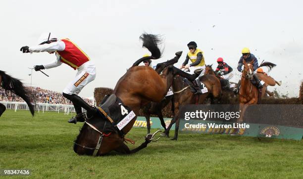 Jason Maguire takes a fall ridding Khachaturian in The matalan.co.uk Mildmay Novices' Steeple Chase at Aintree racecourse on April 9, 2010 in...