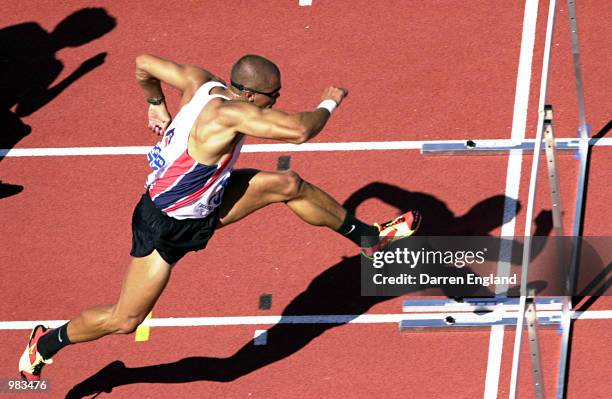 Kyle Vander-Kuyp of Australia in action during the men's 110 metre hurdles heats at the Australian Track and Field Championships at ANZ Stadium in...