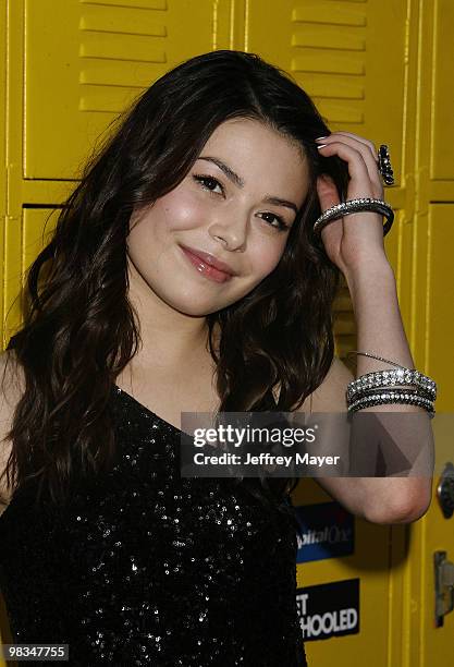 Actress Miranda Cosgrove arrives at the "Get Schooled" Los Angeles Conference and Premiere at Paramount Studios on September 8, 2009 in Los Angeles,...