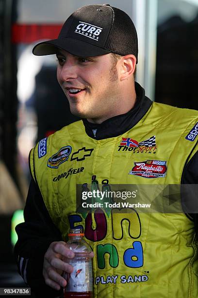 Johnny Sauter, driver of the R3 Motorsports Chevrolet, waits in the garage during practice for the NASCAR Nationwide Series Bashas' Supermarkets 200...