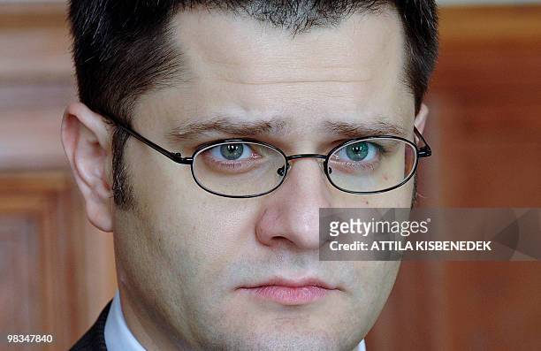 Serbian Foreign Minister Vuk Jeremic prepares for a meeting with his counterparts Peter Balazs of Hungary and Gordan Jandrokovic of Croatia in the...