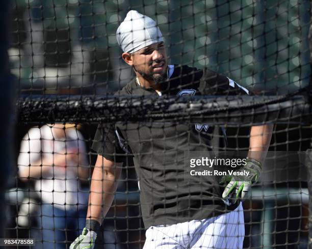 Jose Abreu of the Chicago White Sox looks on during batting practice prior to the game against the Baltimore Orioles on May 23, 2018 at Guaranteed...