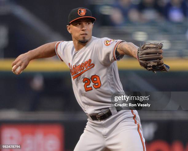 Jace Peterson of the Baltimore Orioles fields against the Chicago White Sox on May 23, 2018 at Guaranteed Rate Field in Chicago, Illinois.