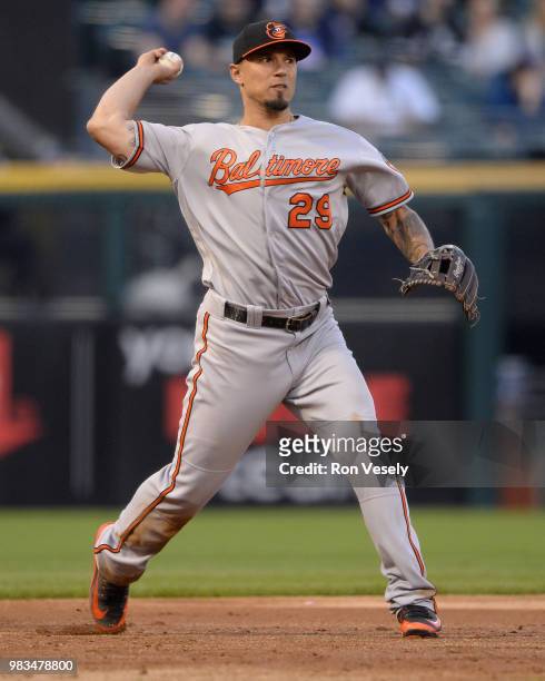 Jace Peterson of the Baltimore Orioles fields against the Chicago White Sox on May 23, 2018 at Guaranteed Rate Field in Chicago, Illinois.
