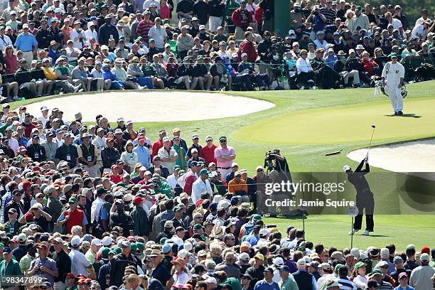 Tiger Woods hits his tee shot on the third hole during the second round of the 2010 Masters Tournament at Augusta National Golf Club on April 9, 2010...
