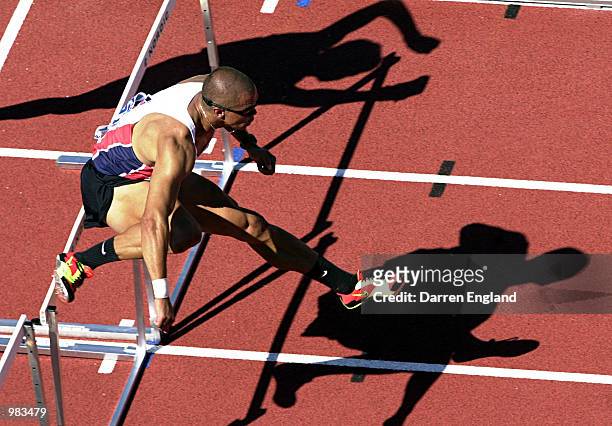 Kyle Vander-Kuyp of Australia in action during the men's 110 metre hurdles heats at the Australian Track and Field Championships at ANZ Stadium in...