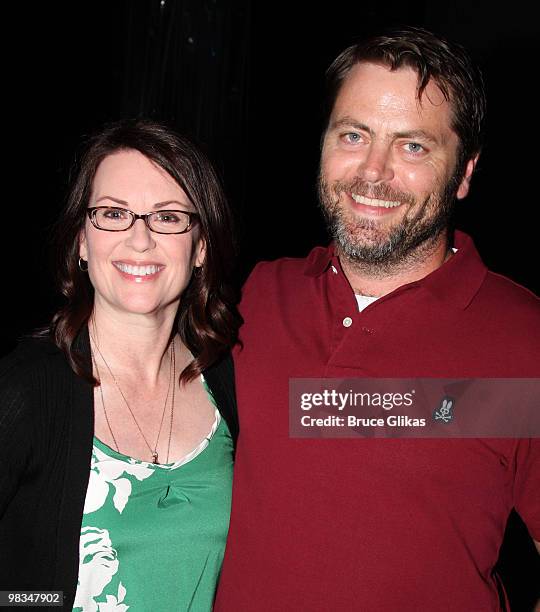 Megan Mullally and husband Nick Offerman pose backstage at Disney's "The Little Mermaid" on Broadway at the Lunt-Fontanne Theatre on August 6, 2008...