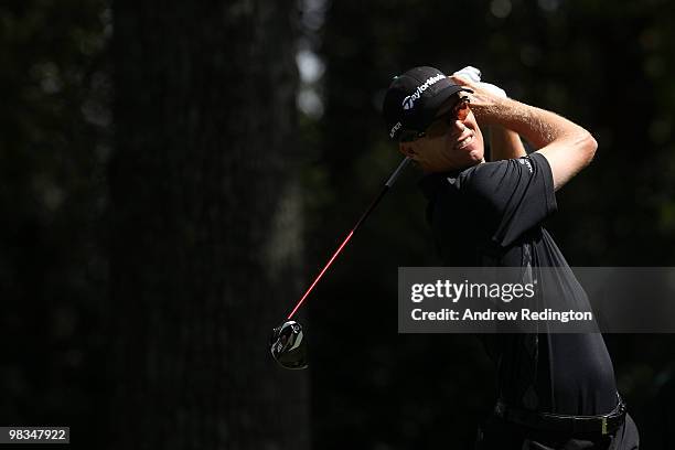 John Senden of Australia hits his tee shot on the second hole during the second round of the 2010 Masters Tournament at Augusta National Golf Club on...