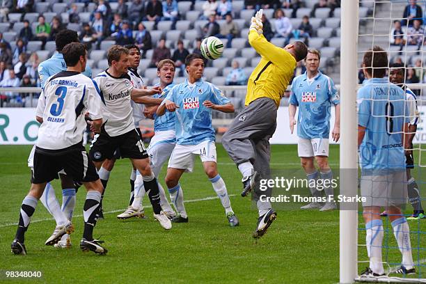 Goalkeeper Gabor Kiraly detains a kick during the Second Bundesliga match between TSV 1860 Muenchen and Arminia Bielefeld at the Allianz Arena on...
