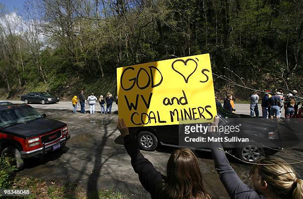 Supporters of mine workers show their support at the entrance of the Upper Big Branch Coal Mine on April 9, 2010 in Montcoal, West Virginia. Rescue...
