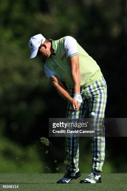 Henrik Stenson of Sweden hits a shot on the fifth hole during the second round of the 2010 Masters Tournament at Augusta National Golf Club on April...
