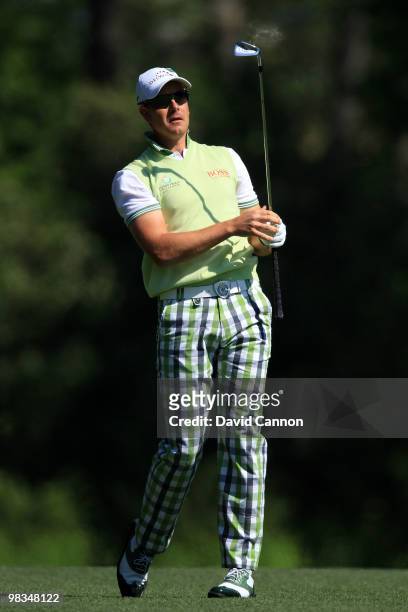 Henrik Stenson of Sweden hits a shot on the fifth hole during the second round of the 2010 Masters Tournament at Augusta National Golf Club on April...