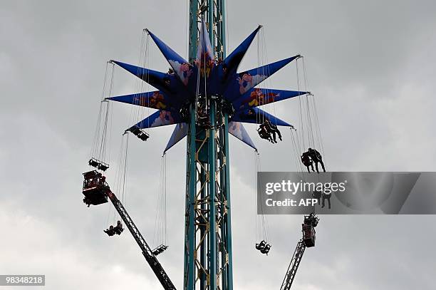 Partial view of the 'Mega Mindy Flyer', at the Studio 100 attraction park 'Plopsa Coo', in Coo, on April 9, 2010. Some 20 people were stuck for more...