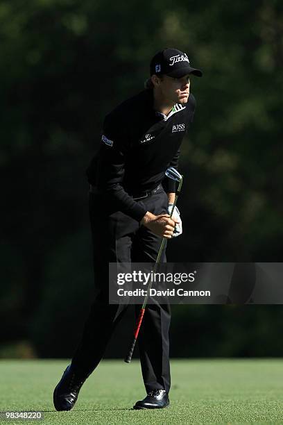 Nick Watney watches a shot on the fifth hole during the second round of the 2010 Masters Tournament at Augusta National Golf Club on April 9, 2010 in...