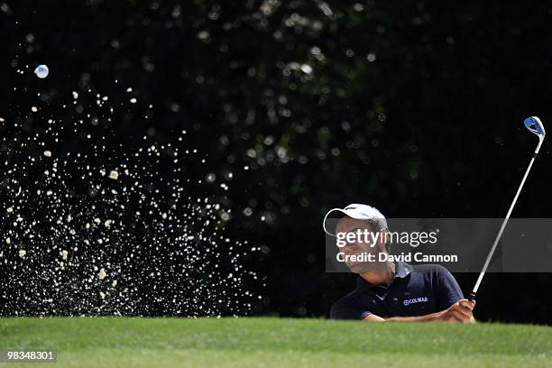 Edoardo Molinari of Italy plays from a bunker on the fifth hole during the second round of the 2010 Masters Tournament at Augusta National Golf Club...