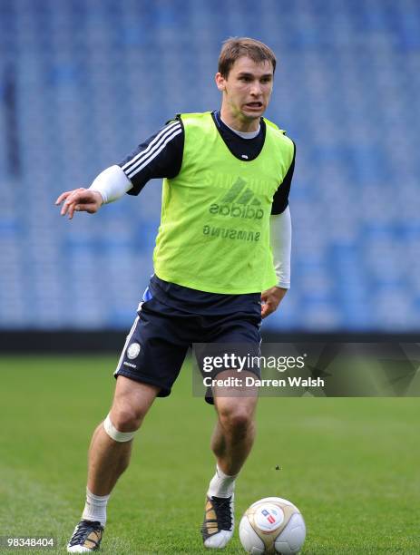Branislav Ivanovic of Chelsea in action during a training session at Stamford Bridge on April 9, 2010 in London, England.