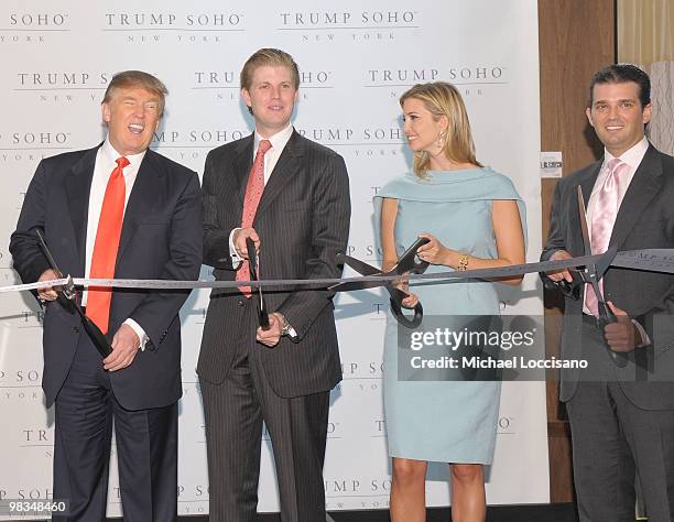 Donald Trump and his children Eric Trump, Ivanka Trump and Donald Trump Jr. Attend the ribbon cutting ceremony for Trump SoHo New York at Trump SoHo...