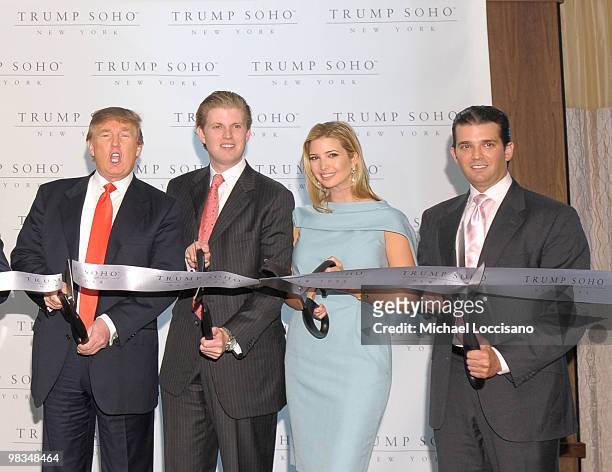 Donald Trump and his children Eric Trump, Ivanka Trump and Donald Trump Jr. Attend the ribbon cutting ceremony for Trump SoHo New York at Trump SoHo...