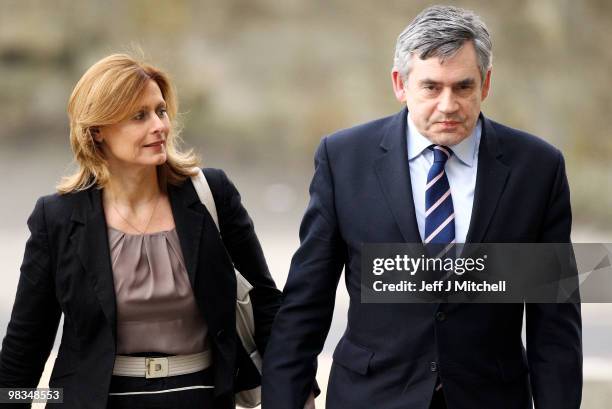 Prime Minister Gordon Brown arrives with wife Sarah at the Adam Smith College on April 9, 2010 in Kirkcaldy, Scotland.The General Election, to be...