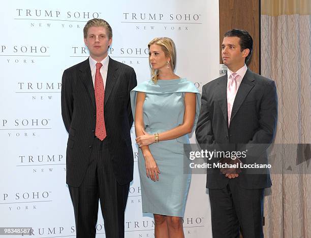 Eric Trump, Ivanka Trump and Donald Trump Jr. Attend the ribbon cutting ceremony for Trump SoHo New York at Trump SoHo on April 9, 2010 in New York...