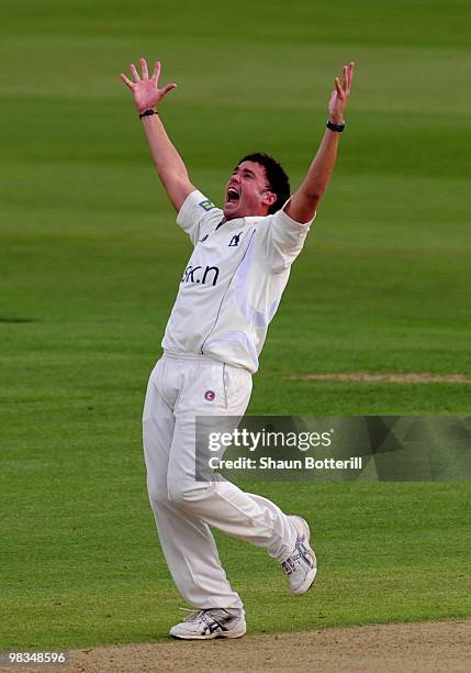 Neil Carter of Warwickshire appeals for a wicket during the LV County Championship match between Warwickshire and Yorkshire at Edgbaston on April 9,...