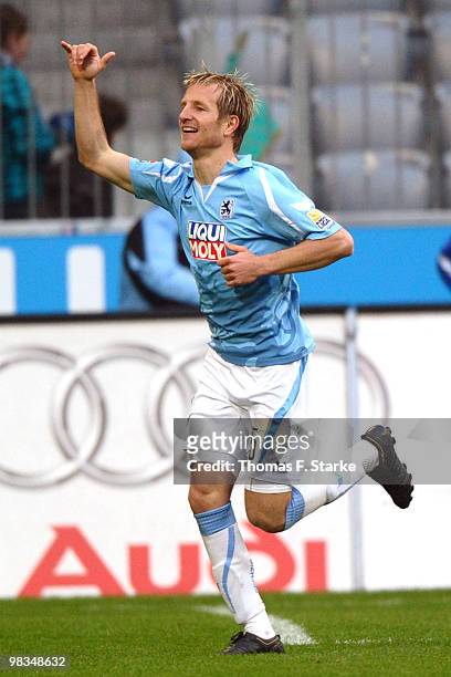 Stefan Aigner of Munich celebrates after scoring a goal during the Second Bundesliga match between TSV 1860 Muenchen and Arminia Bielefeld at the...