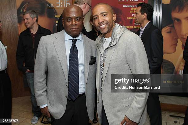 Antonio L.A. Reid and Kevin Liles attend the UJA-Federation of New York's Music Visionary kick off breakfast at Fred's at Barneys New York on April...