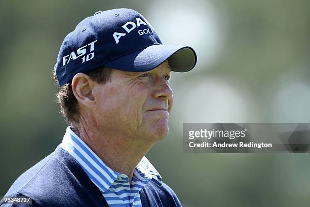 Tom Watson looks on from the first hole during the second round of the 2010 Masters Tournament at Augusta National Golf Club on April 9, 2010 in...