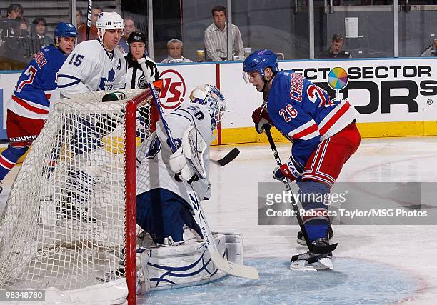 Erik Christensen of the New York Rangers looks to score a goal against goaltender Jonas Gustavsson of the Toronto Maple Leafs on April 7, 2010 at...