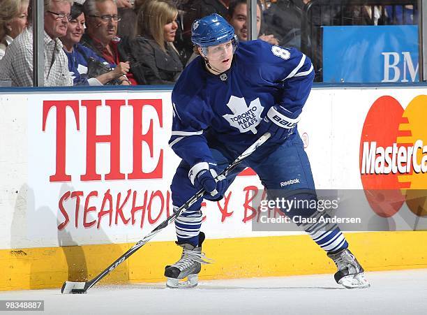 Phil Kessel of the Toronto Maple Leafs skates with the puck in a game against the Boston Bruins on April 3, 2010 at the Air Canada Centre in Toronto,...