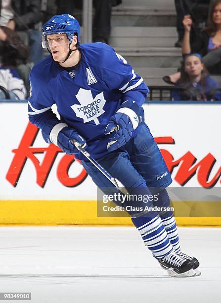 Dion Phaneuf of the Toronto Maple Leafs skates in a game against the Boston Bruins on April 3, 2010 at the Air Canada Centre in Toronto, Ontario. The...