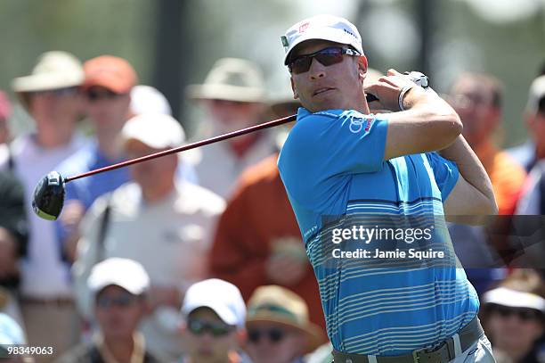 Ricky Barnes watches his tee shot on the eighth hole during the second round of the 2010 Masters Tournament at Augusta National Golf Club on April 9,...