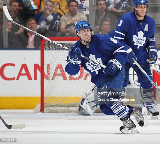 Phil Kessel of the Toronto Maple Leafs skates in a game against the Boston Bruins on April 3, 2010 at the Air Canada Centre in Toronto, Ontario. The...